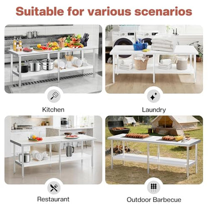 Jocisland 30" x 96" Stainless Steel Table for Prep & Work, Food-Grade Stainless Steel Adjustable Under Shelf and Feet, for Commercial Kitchen, Restaurant, Hotel, Garage - size: 30x96 in, style: Rounded Table Corner