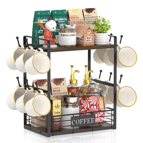 EsLuker.ly Coffee Mug Cup Holder Tree Bar Station Organizer, 2 Tier Mug Stand Rack for Countertop Kitchen, Storage Tower Display Shelf with 12 Hooks, Coffee Nook Enhancer, Brown-Black - color: Brown + Black