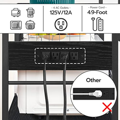 HOOBRO Bakers Rack with Power Outlet, 35.4 Inches Coffee Bar with Mesh Basket, Microwave Stand with 4 S-Shaped Hooks, Kitchen Bakers Rack with Storage, Easy to Assemble, Black BB05HB01 - color: Black
