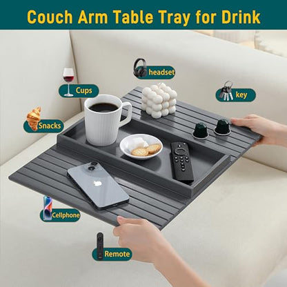 Bamboo Couch Arm Tray Table，Foldable Sofa Armrest Tray Table for Couch，Flexible and Anti-Slip Couch Arm Cup Holder，Portable Sofa Arm Chair Table for Drink,Cups, Eats，Snacks, Phone, Remote (Gray) - color: Gray