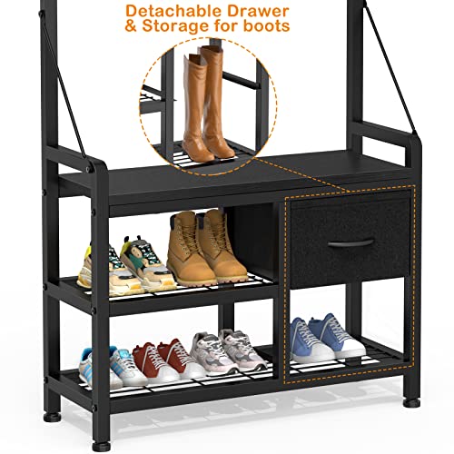 Lulive Hall Tree with Bench and Shoe Storage, 31.5” Coat Rack Freestanding | Black, 5 in 1 Intelligent Design, 17 Hooks, 2 Drawers, Handy Clothes Rail - color: Black, size: 11.8"D x 31.5"W x 70.9"H