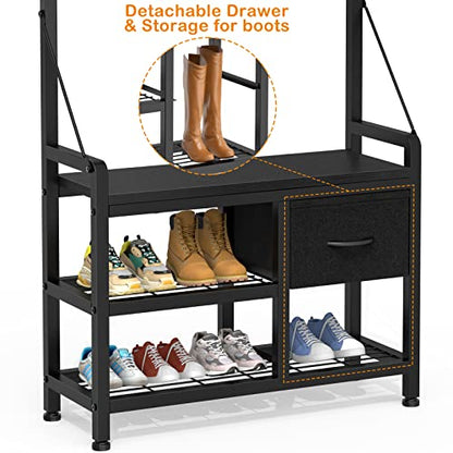 Lulive Hall Tree with Bench and Shoe Storage, 31.5” Coat Rack Freestanding | Black, 5 in 1 Intelligent Design, 17 Hooks, 2 Drawers, Handy Clothes Rail - color: Black, size: 11.8"D x 31.5"W x 70.9"H