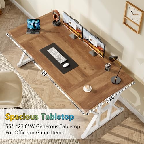 TVU Computer Desk, 55 inch Large Office Desk, Study Writing Table with Thicken Frame, Gaming Desk, Modern Simple Desk for Home Office, Brown - color: Brown, size: 55inch