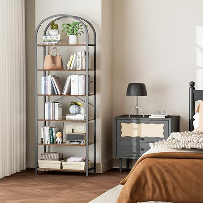 Homhedy 6-Tier Arched Bookshelf, Display Racks, Tall Book Shelf, 73.6" H | Wood and Metal Bookcase, Industrial Display Standing Shelf Unit, for Home, Office, Living Room, Bedroom, Rustic Brown - size: 6 Tier -23.6"W