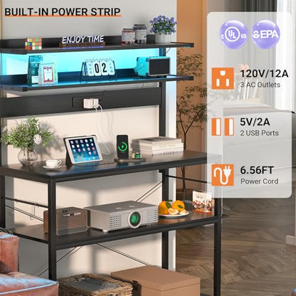 Aheaplus Bakers Rack with Power Outlet, Microwave Stand, 5 Tiers Coffee Bar Station with Led Lights, Kitchen Storage Shelf with 6 S-shaped Hooks, Kitchen Rack Coffee Bar Stand, Black - color: Black, size: 31.5 inch