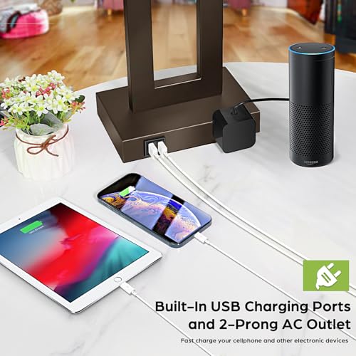 TOBUSA 28’’ Tall Brown Lamps for Living Rooms Set of 2, Modern Touch Control Table Lamps for Bedroom, 3 Way Dimmable Bedside Lamps with 2 USB Ports&AC Outlet, High-end Decor Lamp for Home Office | 3 Way Dimmable, Touch Control, Fabric Cream Shade, Large D