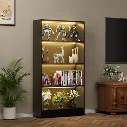 CODACE Tall Wooden 4-Tier Black Bookshelf - Display Cabinet with LED Lights | Lighted Book Shelves, Display Case for Collectibles, Manga ,Figures, Modern Bookcase for Bedroom, Living Room, Gaming room - size: 4 Tiers - 10.2"D x 27.6"W x 59.1"H
