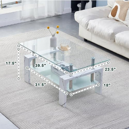 Btrpily Living Room Rectangle Coffee Table, Tea Table Suitable for Waiting Room, Modern Side Coffee Table with Wooden Leg, Glass Tabletop with Lower Shelf, Marble - color: Marble