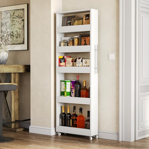 LITTLE TREE 63-Inch Slim Storage Cart on Wheels, 5-Tier Tall Narrow Mobile Shelf Organizer, Rolling Utility Cart with Metal Handle for Kitchen, Dining Room, Small Spaces, White