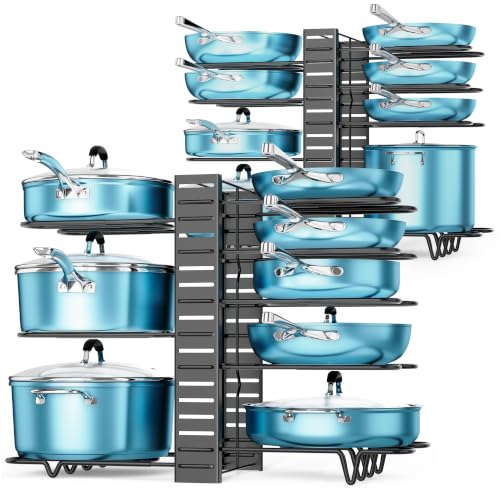 Pots and Pans Organizer Under Cabinet 16.6" 8-Tier Adjustable 2-Pack | 3 DIY Modes, Tool-Free Assembly, Non-Slip, Fits Lightweight Pots Up to 11", For Kitchen Cabinets, Shelves & Countertops - color: Black, size: 16.61"H