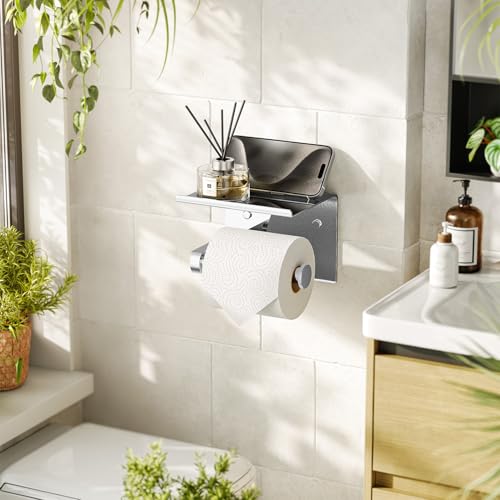 Tindbea Toilet Paper Holder with Phone Shelf, Adhesive or Screw Wall Mount Toilet Tissue Roll Holder, Rustproof & Multifunctional Stainless Steel Bathroom Storage Dispenser (Polished Chrome) | Heavy Duty Stainless Steel Polished Chrome - color: C-polished