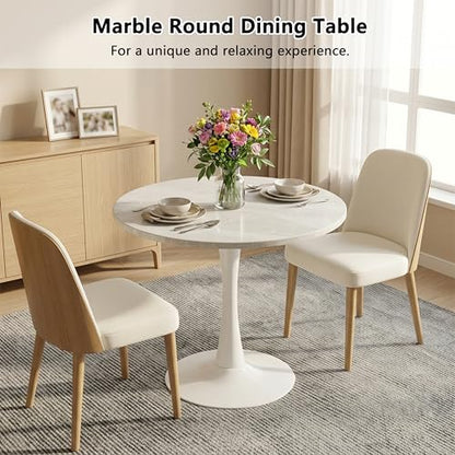 27.6" Marble Round Tulip Table, Mid-Century Modern Style Dining Table with White Pedestal Base for 2-4 People, Featuring A Marble Tabletop for Kitchen, Dining Room, Cafe (Grayish White) - color: Grayish White#white