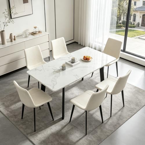 47.2"-63" Extendable Dining Room Table Set for 4-8 People, White | Removable Extension Leaf, Durable MDF Rectangle Tabletop, 6 Beige Sleek Faux Leather Chairs, Heavy Duty Modern Kitchen Table - color: 47.2'' - 63'' White Table+6 Beige Chairs