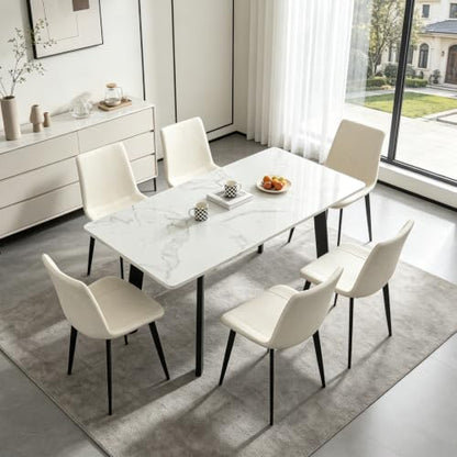47.2"-63" Extendable Dining Room Table Set for 4-8 People, White | Removable Extension Leaf, Durable MDF Rectangle Tabletop, 6 Beige Sleek Faux Leather Chairs, Heavy Duty Modern Kitchen Table - color: 47.2'' - 63'' White Table+6 Beige Chairs