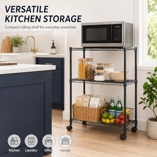 Simple Deluxe 3-Tier Heavy Duty Adjustable Storage Shelf with Wheels, 23.23”W x 13.39”D x 30.31”H, Mobile or Stationary Metal Shelving Unit, Easy Assembly for Kitchen, Pantry, Laundry Room, Black - size: 3-Tier, 23.23”W x 13.39”D x 30.31”H, style: 1 Pack