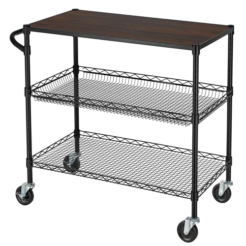 Finnhomy 3 Tier Heavy Duty Commercial Grade Utility Cart with Wood Top, Wire Rolling Cart with Wheels and Handle Bar, Kitchen Carts on Wheels, 18x36x35.4 H Metal Cart with 600 LBS Capacity, Black - style: 36“L Black
