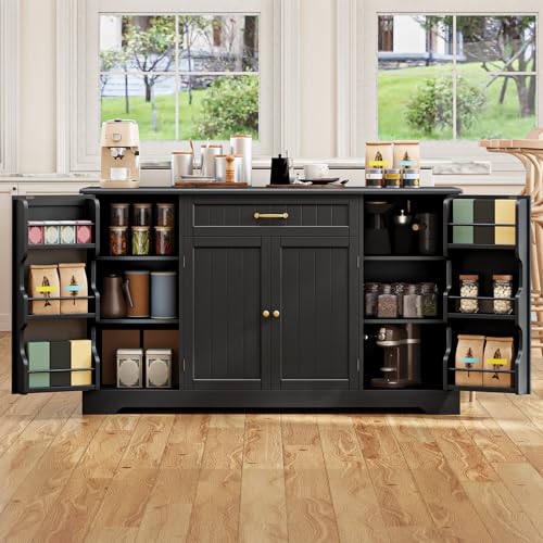 Gizoon 56" Kitchen Coffee Bar Cabinet with Storage Kitchen Sideboard Buffet Cabinet with Drawers, Short Pantry with Door and Shelves for Bathroom and Living Room, Black - color: Black, size: 56"W (4 Doors + 1 Drawer)