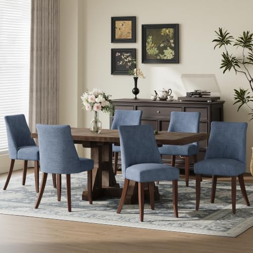 COLAMY Upholstered Dining Chairs Set of 6, Mid Century Modern Kitchen Chairs with Back, Farmhouse Fabric Side Dining Room Chairs with Wood Legs for Dining Room Restaurant, Blue - color: Blue, size: Set of 6