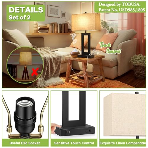 Set of 2 Touch Control Table Lamp with 2 USB Ports, 3-Way Dimmable Modern Nightstand Lamp Sets Bedside Touch Desk Lamp with Fabric Cream Shade For Bedroom Table Living Room Reading, Included Bulbs | 3 Way Dimmable, Touch Control, Fabric Cream Shade, E26 B