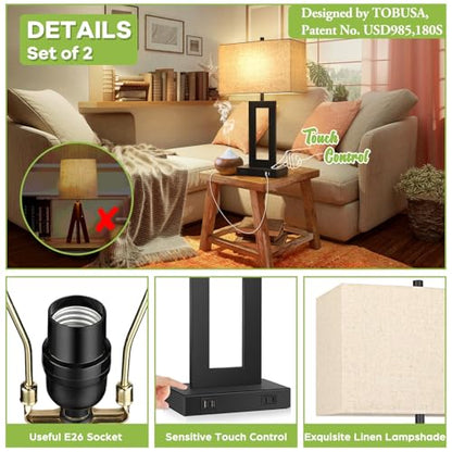Set of 2 Touch Control Table Lamp with 2 USB Ports, 3-Way Dimmable Modern Nightstand Lamp Sets Bedside Touch Desk Lamp with Fabric Cream Shade For Bedroom Table Living Room Reading, Included Bulbs | 3 Way Dimmable, Touch Control, Fabric Cream Shade, E26 B