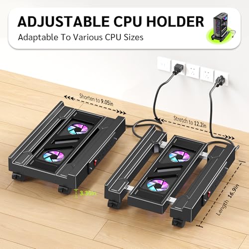 Computer Tower Stand with Charging Station and Cooling System | Adjustable Mobile CPU Holder with 4 Rolling Casters, Under Desk CPU Bracket PC Floor Cart PC Riser for Office, Home - color: Socket with Fan