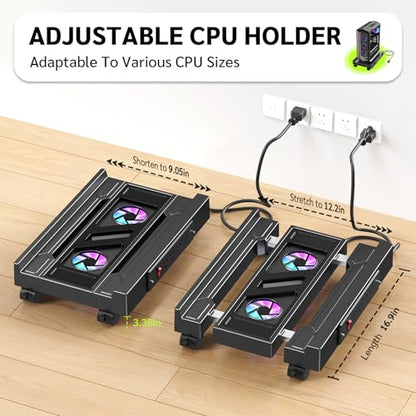 Computer Tower Stand with Charging Station and Cooling System | Adjustable Mobile CPU Holder with 4 Rolling Casters, Under Desk CPU Bracket PC Floor Cart PC Riser for Office, Home - color: Socket with Fan