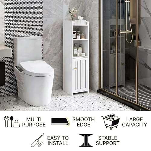4-Tier Narrow Bathroom Cabinet, 7.9" W X 31.5" H | White PVC Material, Rack, Holder, Fits Small Spaces, for Toilet Side, Laundry Room, Kitchen, Easy Assembly - size: 7.9"D x 7.9"W x 31.5"H