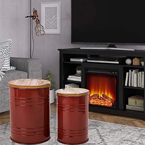 Glitzhome Rustic End Table Set of 2, Farmhouse Galvanized Metal Barrel Ottoman Storage Stool with Round Wood Lid for Living Room Furniture, Red - color: Red
