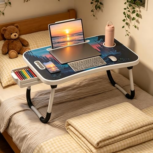 Laptop Bed Table with Storage & Cup Holder - Foldable Bed Table for Laptop, Portable Lap Desk Bed Tray for Breakfast in Bed, Writing, Reading, Working, Eating on Sofa or Floor (144 Jungle)