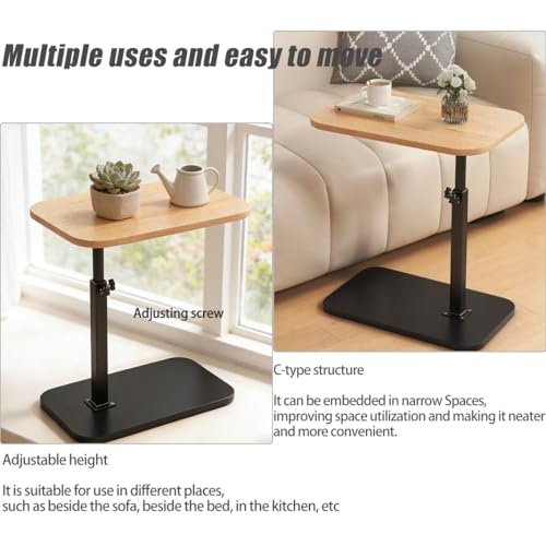 Pedestal Adjustable c Table for Small Spaces，C Shaped End Table Desktop can Turn 360° and the Height of the Sofa Small TV Tray Table Can be Adjusted for Couch - color: Wood and Black-height-adjustable Table-1pcs