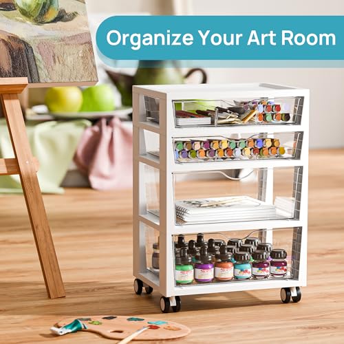 Vtopmart Plastic Drawer Storage Rolling Cart with Wheels, 4-Tier Drawer Organizer for Art Crafts Supplies, Home Office Supplies, Toys, Under Desk Storage for Office, Craft Room, Bedroom, Classroom - style: 4 Tier 4 Drawers
