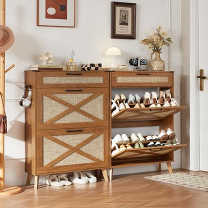 LEYAOYAO Shoe Cabinet Storage for Entryway with 2 Flip Drawers Rack Narrow Organizer Slim Hidden Wood Shoe Cabinet Furniture Tea Brown - color: Tea Brown