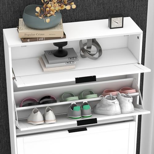 TaoHFE Wooden White Hidden Shoe Cabinet Entryway Shoe Storage Cabinet Narrow Shoe Cabinet Free Standing Shoe Rack Organizer for Closet Shoe Drawer Storage 3 Tier Rack for Front Door Entrance