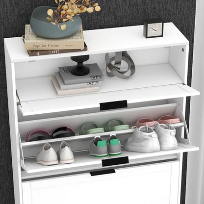 TaoHFE Wooden White Hidden Shoe Cabinet Entryway Shoe Storage Cabinet Narrow Shoe Cabinet Free Standing Shoe Rack Organizer for Closet Shoe Drawer Storage 3 Tier Rack for Front Door Entrance