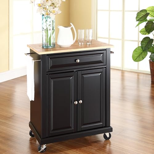 Crosley Furniture Compact Wood Top Small Rolling Cart with Shelves, Microwave Stand with Towel Rack, Black - color: Black, style: Natural Wood Top