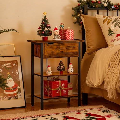 HOOBRO End Table with Charging Station, Narrow Side Table, Flip Top Nightstand with USB Ports and Outlets, Bedside Tables with Shelf for Small Spaces, Living Room, Rustic Brown BF341BZ01 - color: Rustic Brown + Black