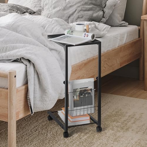 C Shaped End Table Small Side Table with Wheels Slide Under Couch Table for Sofa Adjustable Height C Table with Metal Frame for Living Room Bedroom Bedside, Black - color: Black