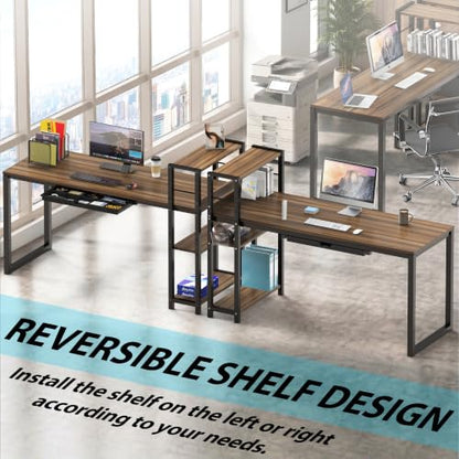 SHW 46-Inch Home Office Computer Desk w/Side Shelf & Drawer, Walnut | w/ Reversible Adjustable Shelf | Drawer with adjustable compartments - color: Walnut