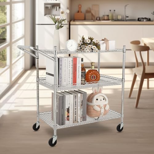 TrailBlaze Kitchen Utility Cart, 3-Tier Wire Rolling Utility Cart, Stainless Steel Service Cart w/Wheels and Adjustable Storage Rack Handle - for Laundry, Garage, Bathroom - Low Handle - size: 3-Tiers low handle