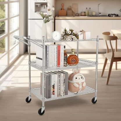 TrailBlaze Kitchen Utility Cart, 3-Tier Wire Rolling Utility Cart, Stainless Steel Service Cart w/Wheels and Adjustable Storage Rack Handle - for Laundry, Garage, Bathroom - Low Handle - size: 3-Tiers low handle