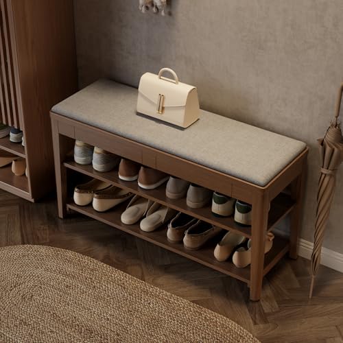 Shoe Bench with Storage, Wooden Shoe Storage Bench with Cushion&Hidden Drawer, 2-Tier Shoe Rack Bench for Entryway, Mudroom, Hallway - size: 39.4"W x 13.6"D x 21.3"H
