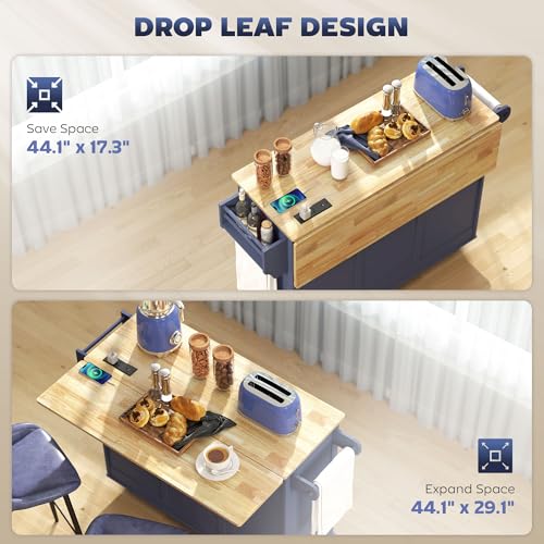 HOMCOM Kitchen Island with Drop Leaf and Power Outlet, Rolling Cart with Storage Cabinets, Solid Wood Island Table on Wheels for Kitchen with 3 Drawers, Towel Bars, Spice Rack, Dark Blue - color: Dark Blue