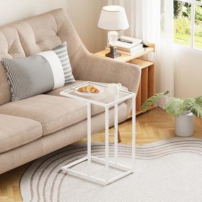 Easy Paws Small C Shaped Table for Sofa,Glass Couch Sofa Tray Snack Table for Living Room, Bedroom,TV Tray Table for Small Space,Accent Coffee Table,Nightstand with Metal Frame(White) - color: White