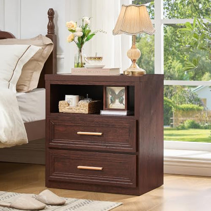 RWYHG 24'' Wide Farmhouse Night Stand with 2 Drawers,Wood Nightstand | Modern End Table Open Storage Shelf, Metal Handle, Mid-Century Bed Side Table for Bedroom, Living Room, Walnut - color: Walnut