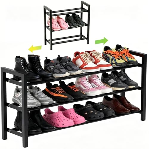 Expandable 3-Tier Metal Shoe Rack, Black Freestanding Storage Organizer | Telescopic, Adjustable, 60 lbs total load, Rust-proof metal, Quick Assembly for entryway closet Small Spaces - size: 3 Tier