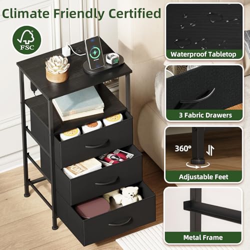 Somdot Nightstands Set of 2 with 3 Drawers, Charging Station & LED Light | Open-Shelf End Tables for Bedside, Small Spaces, Bedroom, Entryway and Hallway, Black - color: Black, size: 11.8"D x 15.7"W x 28.3"H (3 Drawers)