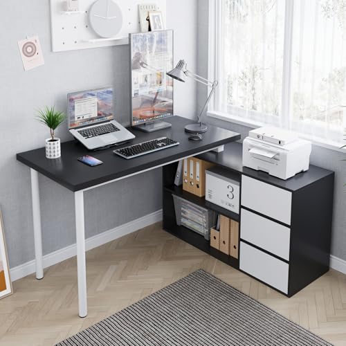 Home Office Computer Desk Corner Desk with 3 White Drawers and 2 Shelves, 53-inch L-Shaped Study Desk with Storage, Black + White - color: Black + White