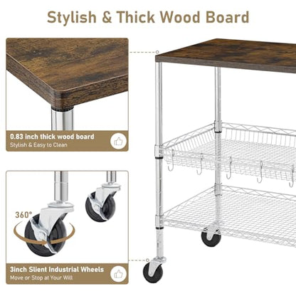 Rolling Kitchen Carts on Wheels With Storage,650Lbs Heavy Duty Metal Cart with Wheels,3 Tier Rolling Cart with Wooden Top,NSF Utility Cart with Handle for Food Cart Serving Carts,30.3"L*31.9"H*18.1"W - size: 35.4"L*18.1"W*31.9"H with Adjustable Shelves