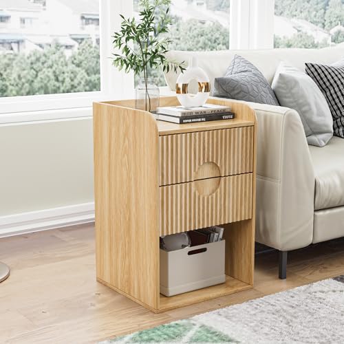 Fluted Nightstand Set of 2, Small Bedside Table, Wood Side Table with Storage, Boho Mid Century Modern Night Stand, 2 Drawer End Table for Bedroom, Natural, Vintage