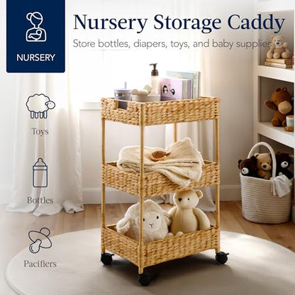Best Choice Products 3-Tier Water Hyacinth Rolling Nursery Caddy w/Wheels, Utility Cart, Storage Organization for Bathroom, Craft Room, Laundry Room - Natural - color: Natural